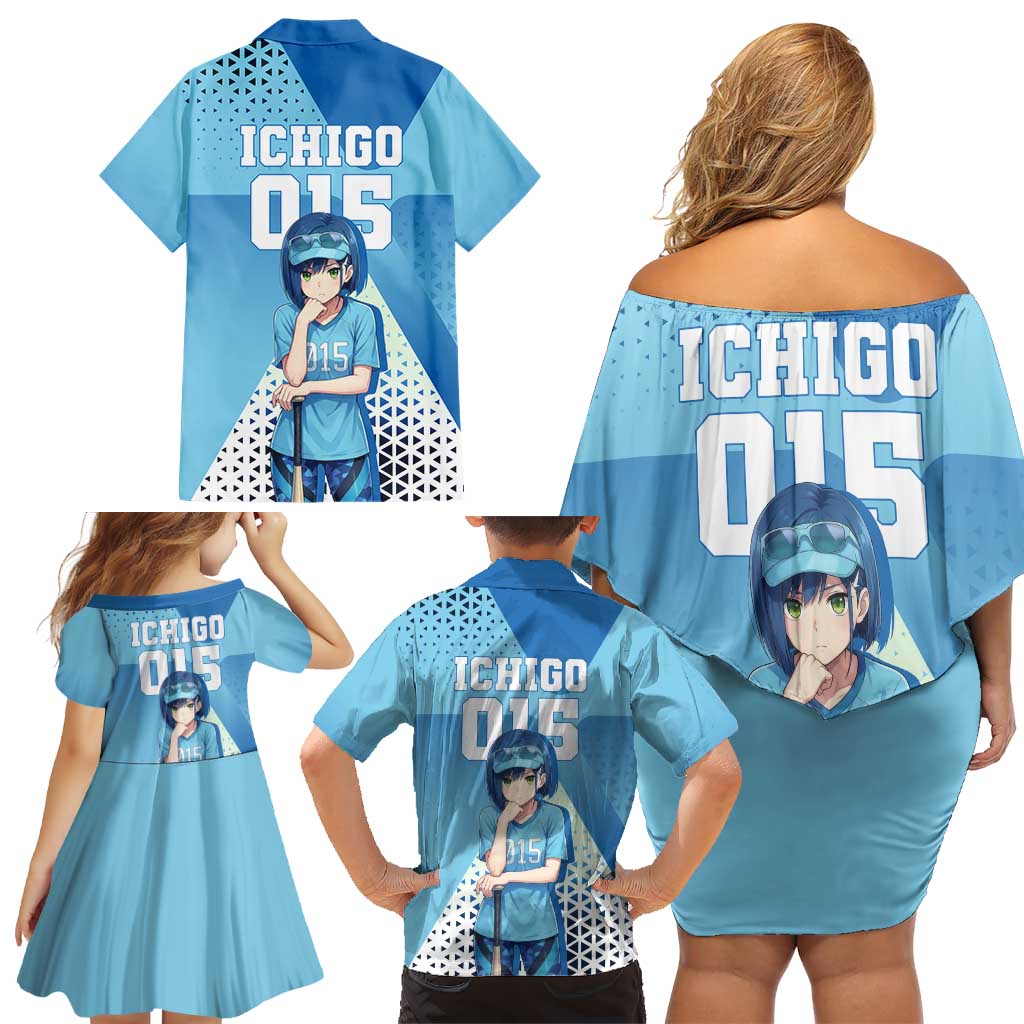 Ichigo Family Matching Off Shoulder Short Dress and Hawaiian Shirt Cool Blue Baseball Anime Style