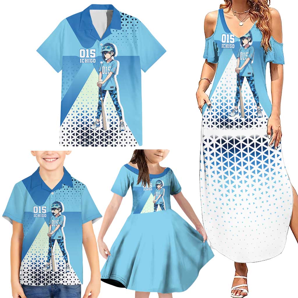 Ichigo Family Matching Summer Maxi Dress and Hawaiian Shirt Cool Blue Baseball Anime Style