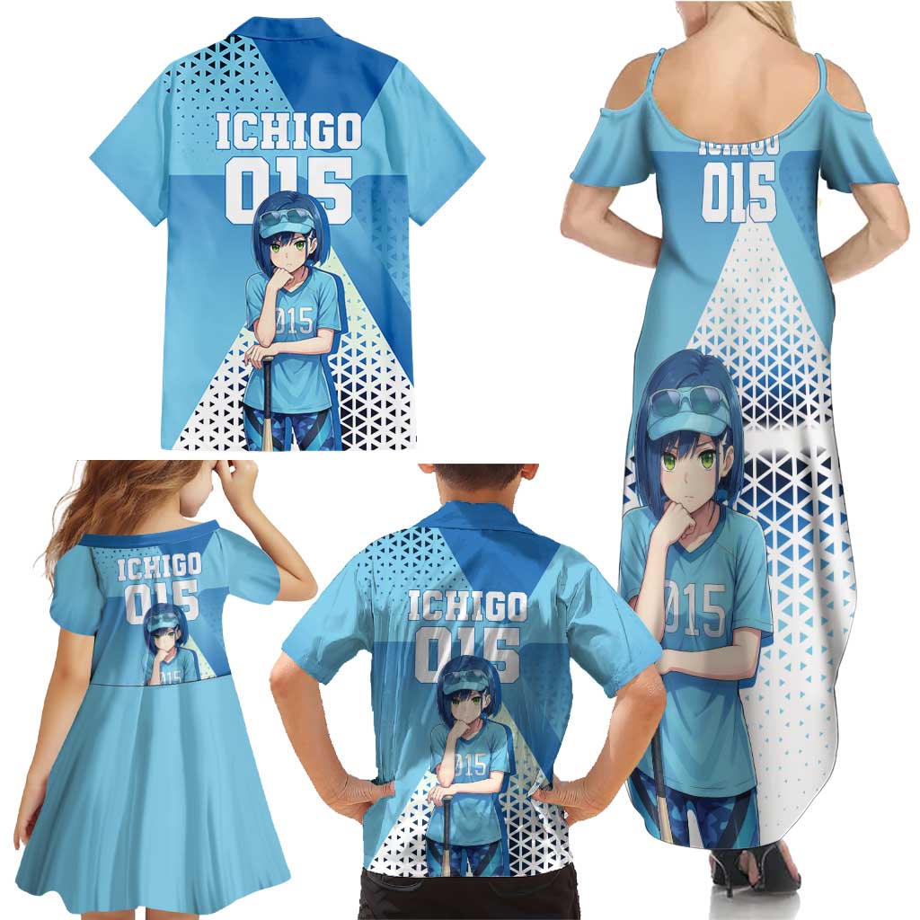Ichigo Family Matching Summer Maxi Dress and Hawaiian Shirt Cool Blue Baseball Anime Style