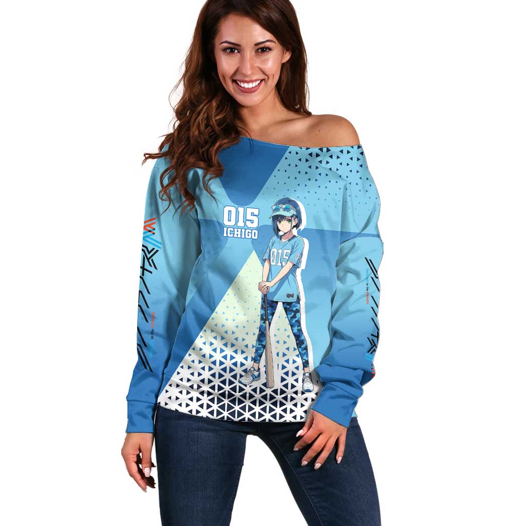Ichigo Off Shoulder Sweater Cool Blue Baseball Anime Style