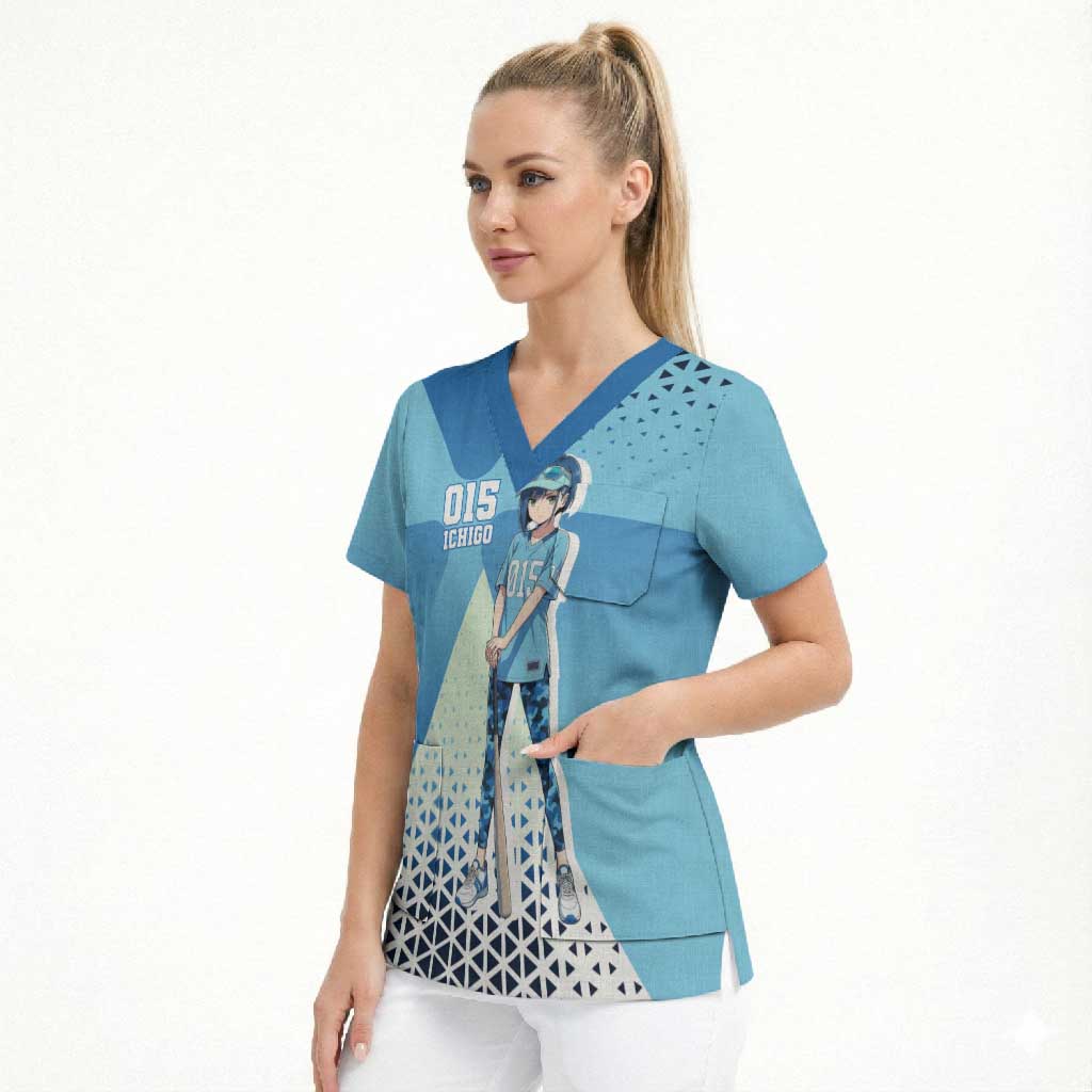 Ichigo Scrub Top Cool Blue Baseball Anime Style