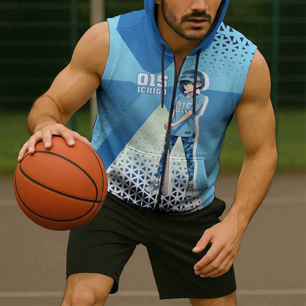 Ichigo Sleeveless Zip Hoodie Cool Blue Baseball Anime Style