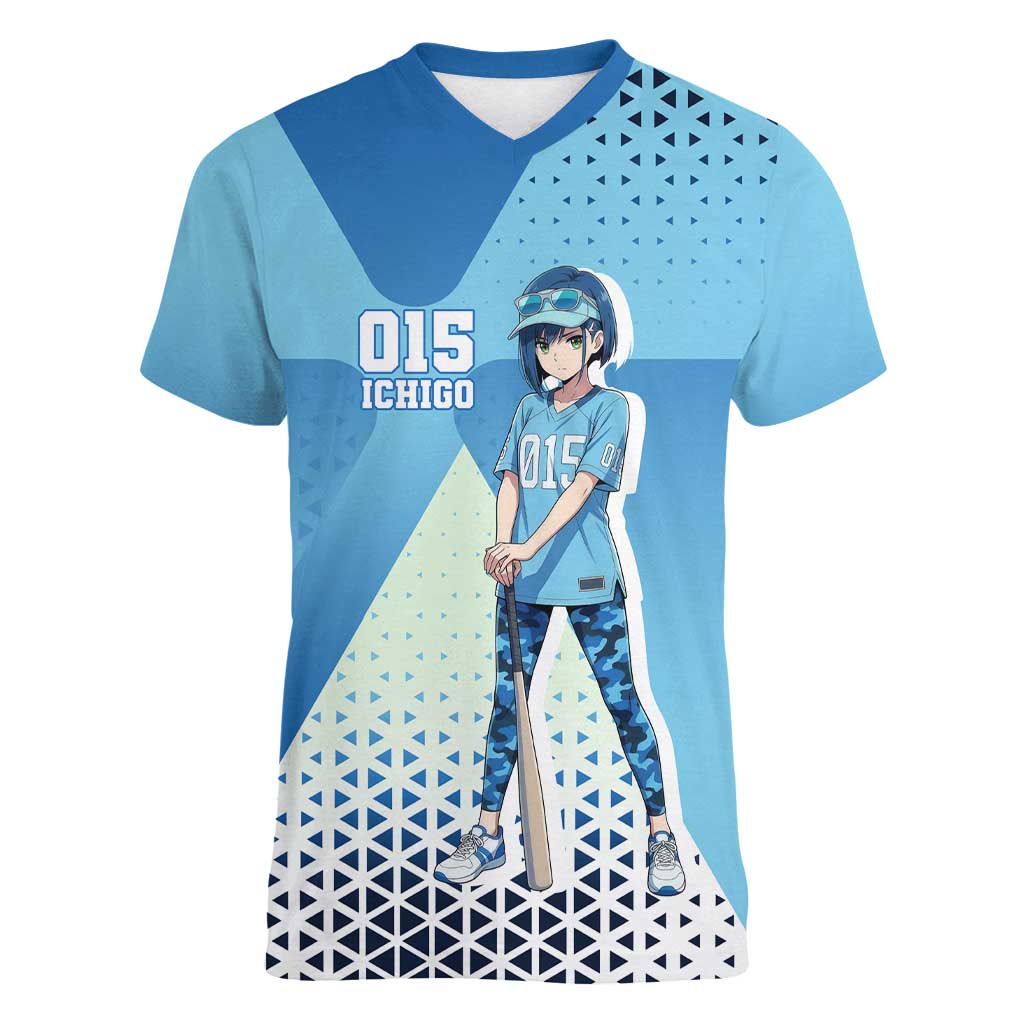 Ichigo Women V-Neck T-Shirt Cool Blue Baseball Anime Style