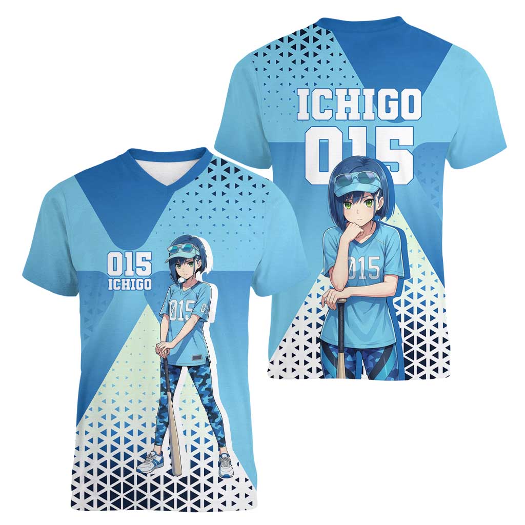 Ichigo Women V-Neck T-Shirt Cool Blue Baseball Anime Style