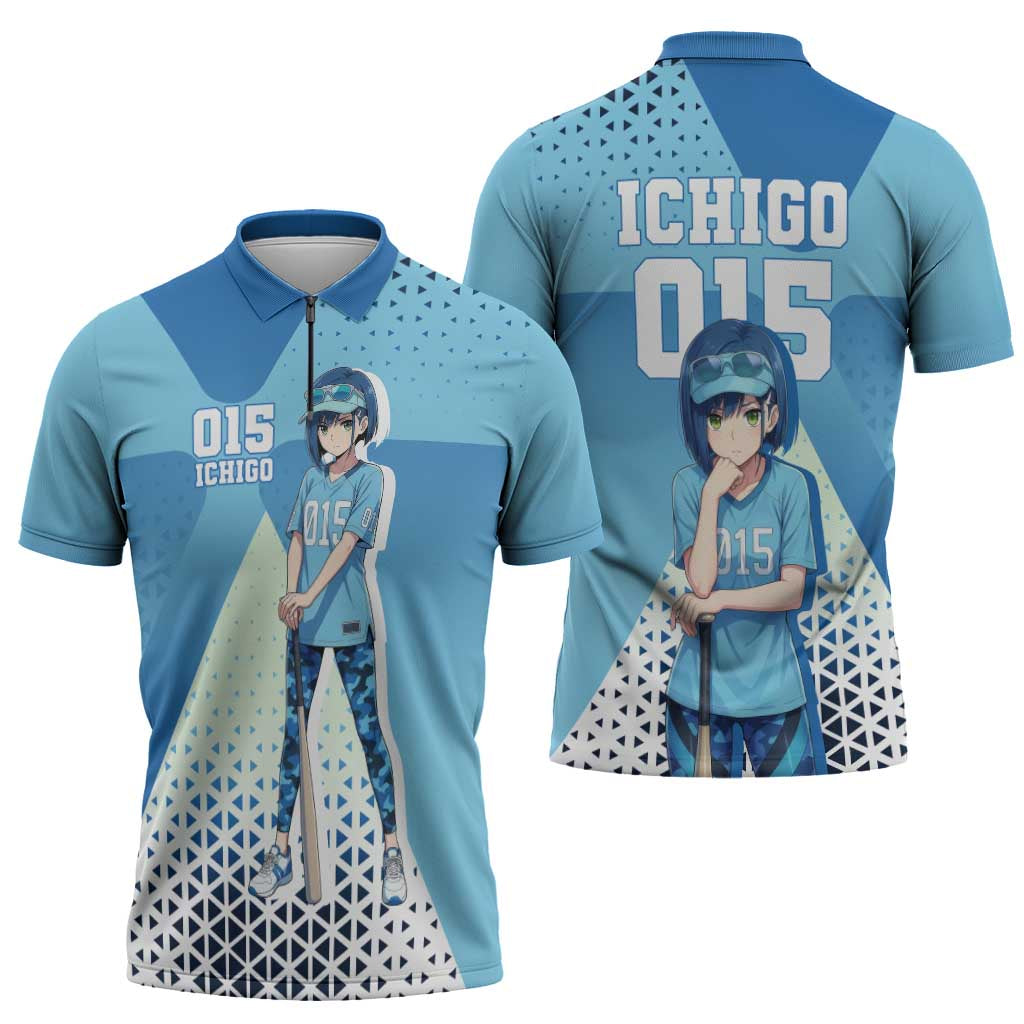 Ichigo Zipper Polo Shirt Cool Blue Baseball Anime Style