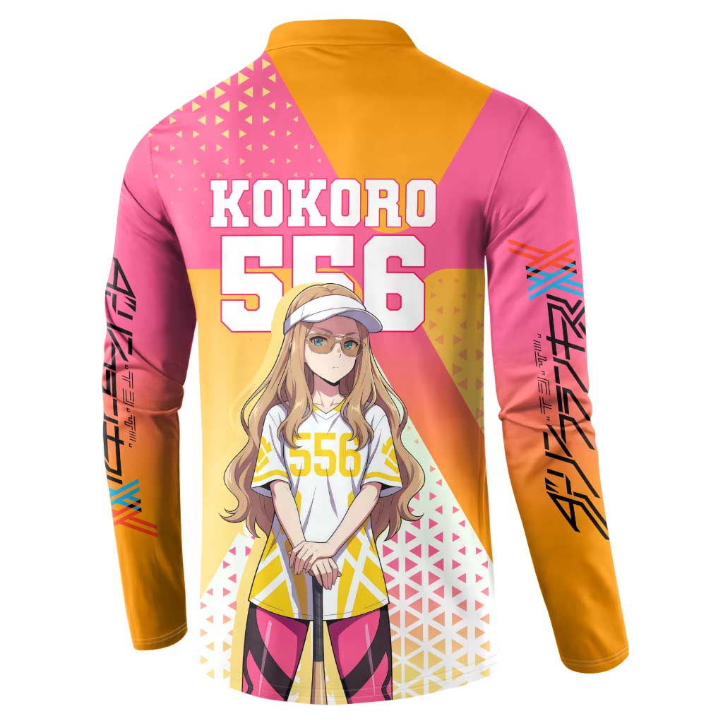 Kokoro Button Sweatshirt Sunset Gradient Baseball Anime Style