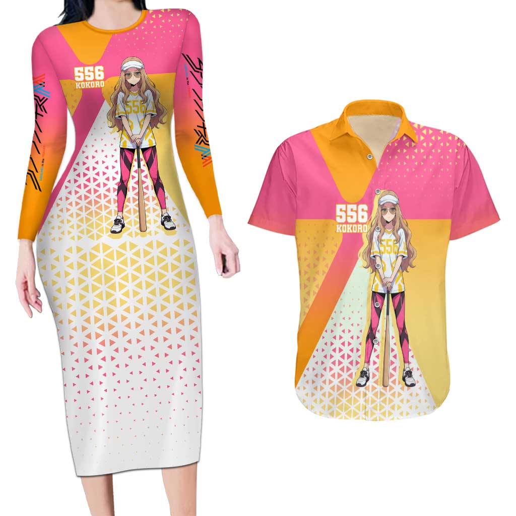 Kokoro Couples Matching Long Sleeve Bodycon Dress and Hawaiian Shirt Sunset Gradient Baseball Anime Style