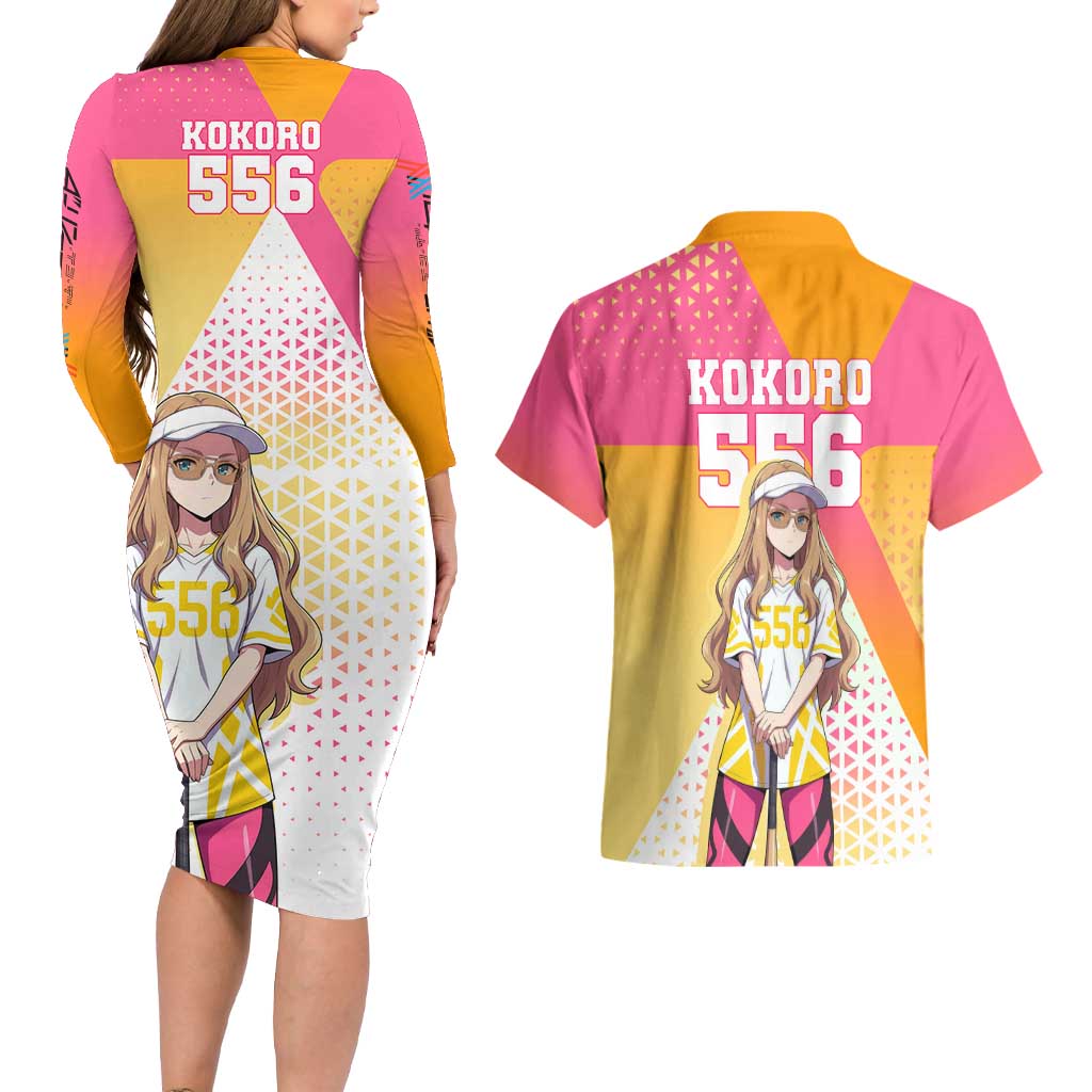 Kokoro Couples Matching Long Sleeve Bodycon Dress and Hawaiian Shirt Sunset Gradient Baseball Anime Style