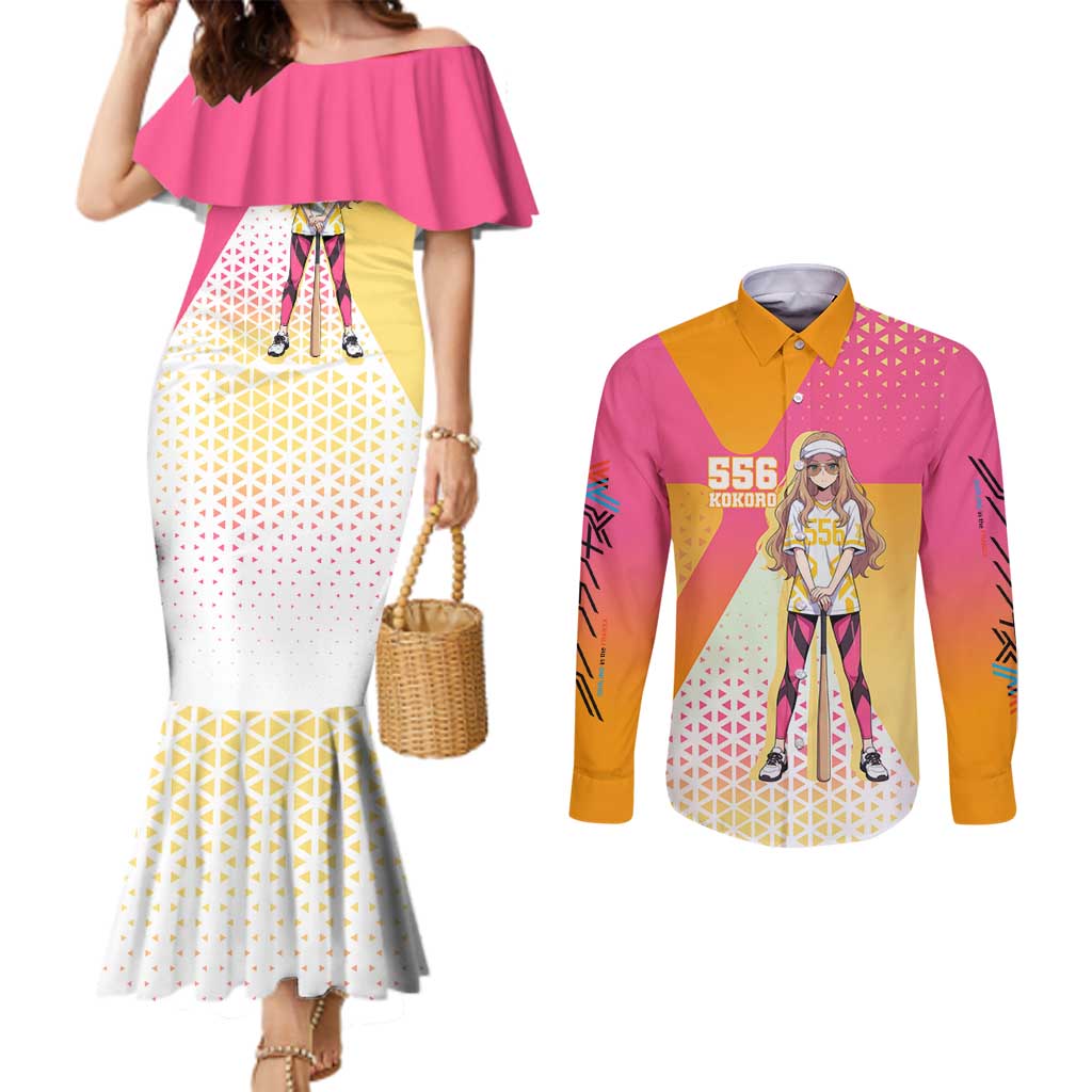 Kokoro Couples Matching Mermaid Dress and Long Sleeve Button Shirt Sunset Gradient Baseball Anime Style