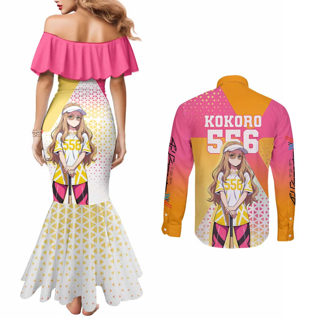 Kokoro Couples Matching Mermaid Dress and Long Sleeve Button Shirt Sunset Gradient Baseball Anime Style