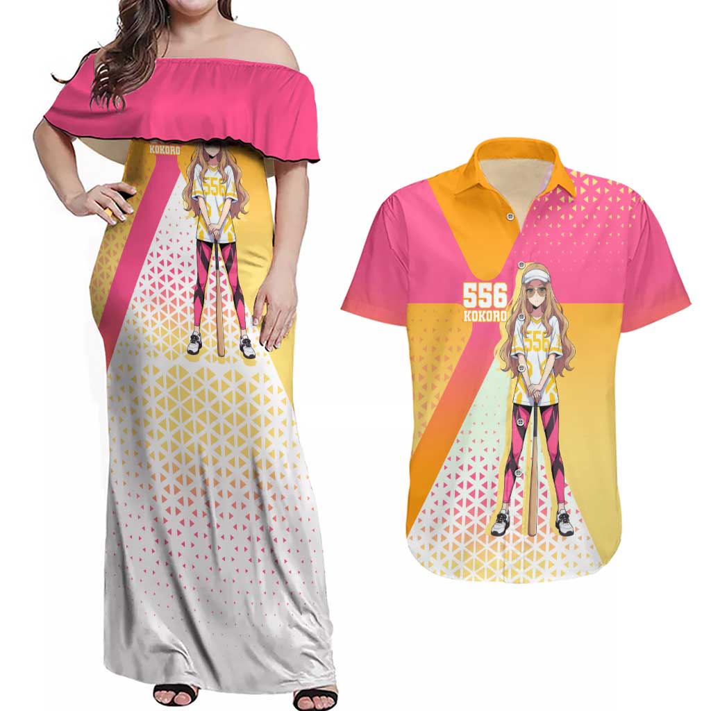 Kokoro Couples Matching Off Shoulder Maxi Dress and Hawaiian Shirt Sunset Gradient Baseball Anime Style