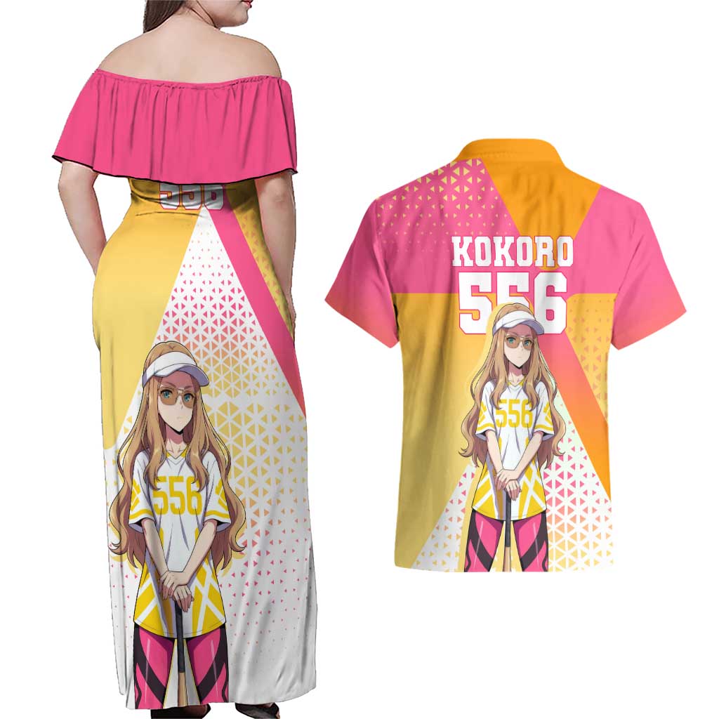 Kokoro Couples Matching Off Shoulder Maxi Dress and Hawaiian Shirt Sunset Gradient Baseball Anime Style