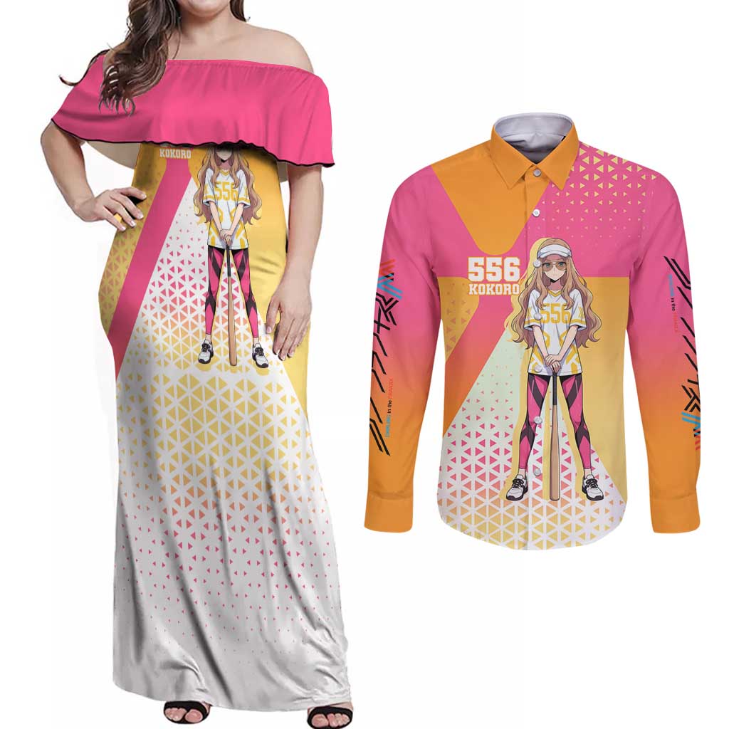 Kokoro Couples Matching Off Shoulder Maxi Dress and Long Sleeve Button Shirt Sunset Gradient Baseball Anime Style