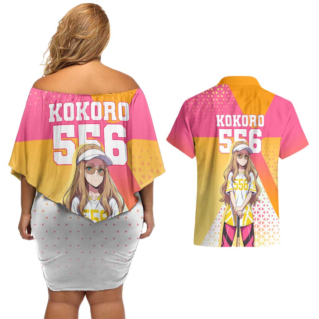 Kokoro Couples Matching Off Shoulder Short Dress and Hawaiian Shirt Sunset Gradient Baseball Anime Style