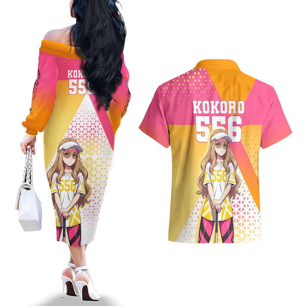 Kokoro Couples Matching Off The Shoulder Long Sleeve Dress and Hawaiian Shirt Sunset Gradient Baseball Anime Style