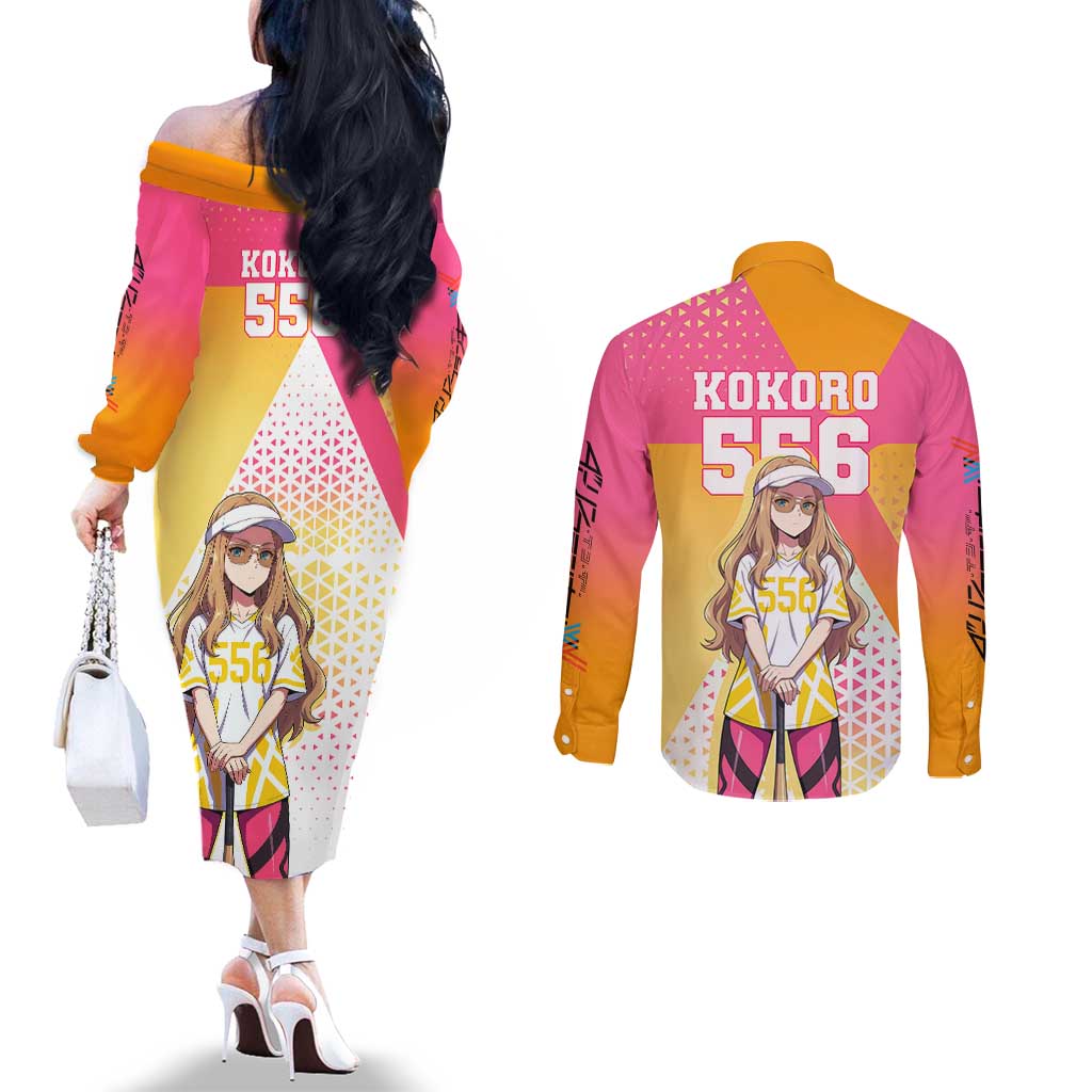 Kokoro Couples Matching Off The Shoulder Long Sleeve Dress and Long Sleeve Button Shirt Sunset Gradient Baseball Anime Style