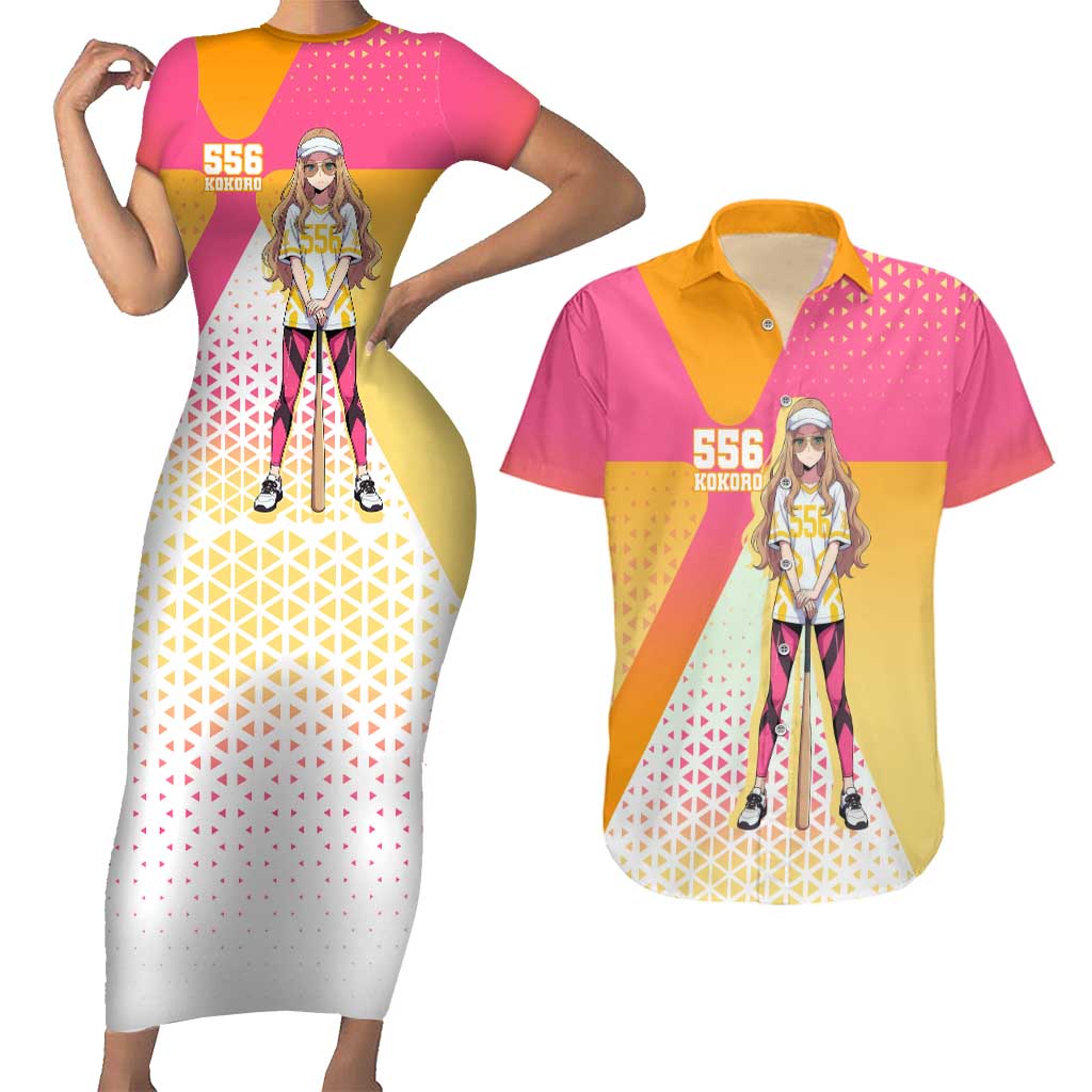 Kokoro Couples Matching Short Sleeve Bodycon Dress and Hawaiian Shirt Sunset Gradient Baseball Anime Style