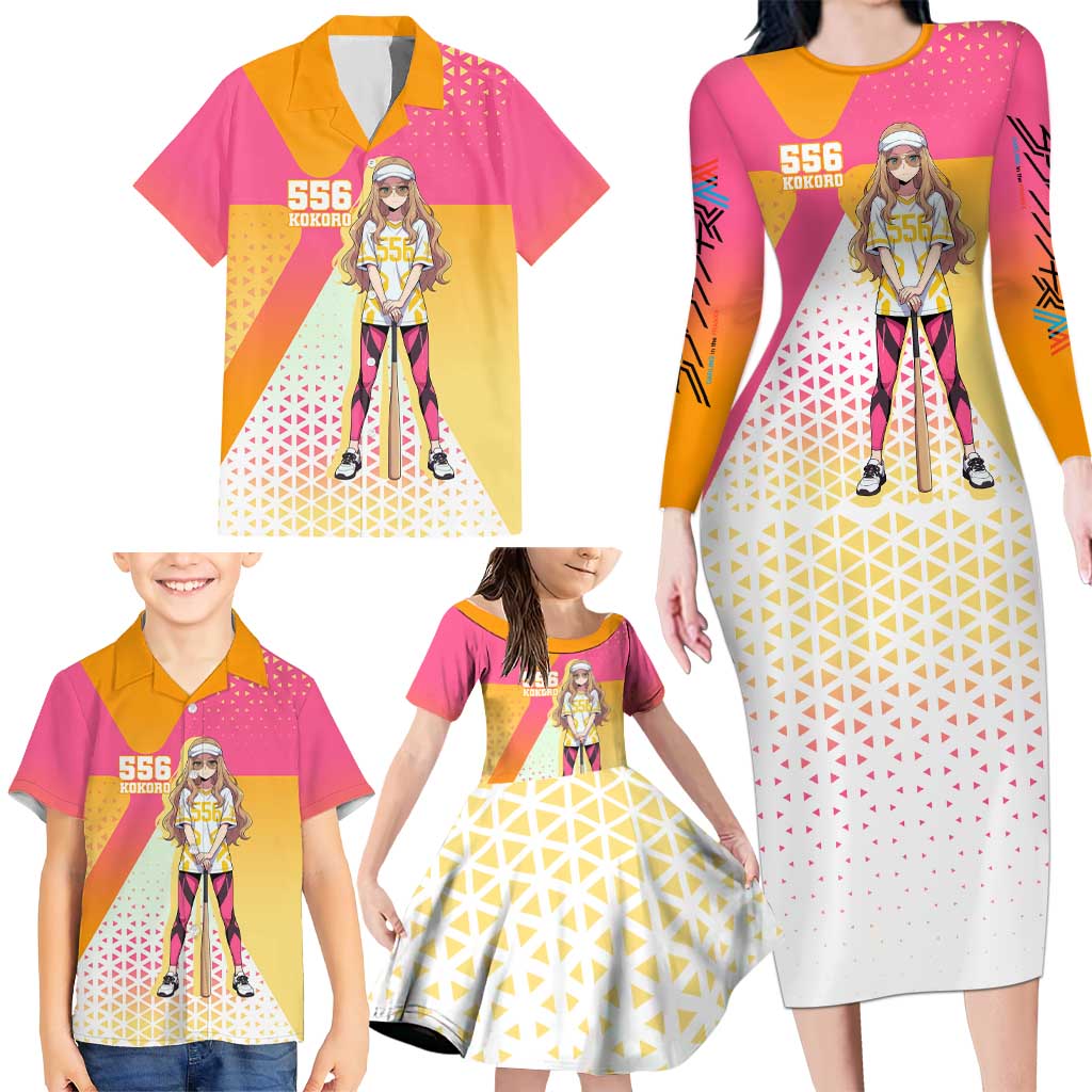 Kokoro Family Matching Long Sleeve Bodycon Dress and Hawaiian Shirt Sunset Gradient Baseball Anime Style