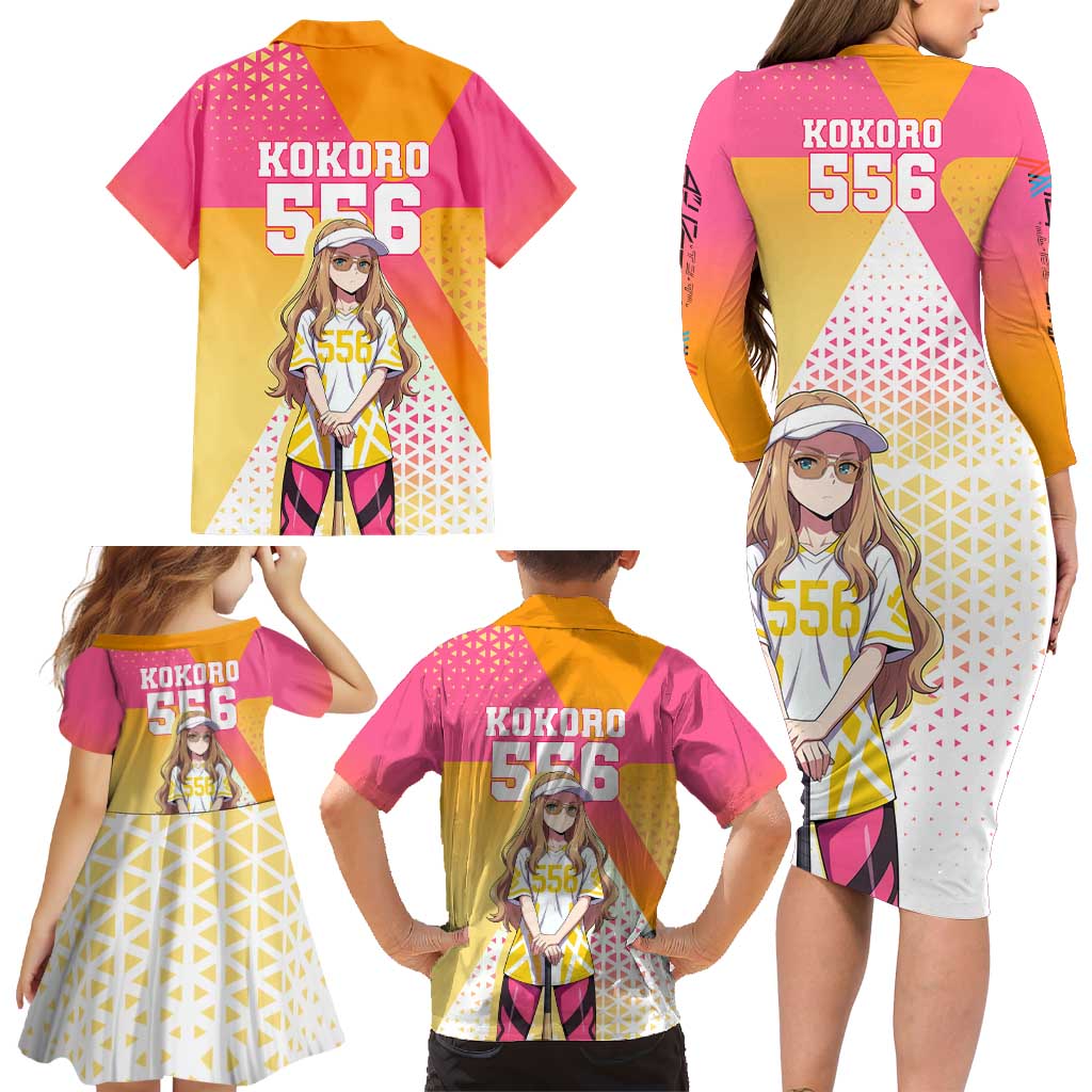 Kokoro Family Matching Long Sleeve Bodycon Dress and Hawaiian Shirt Sunset Gradient Baseball Anime Style
