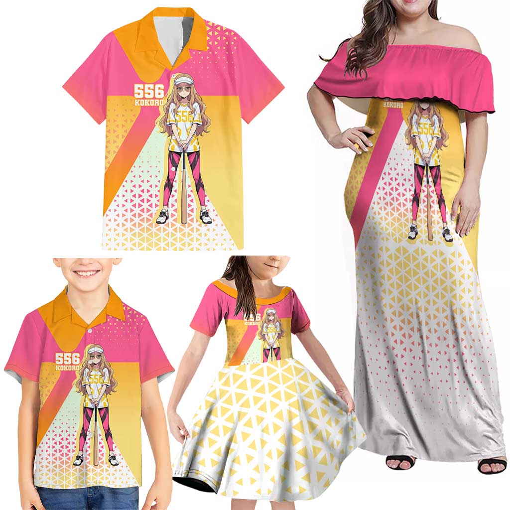 Kokoro Family Matching Off Shoulder Maxi Dress and Hawaiian Shirt Sunset Gradient Baseball Anime Style