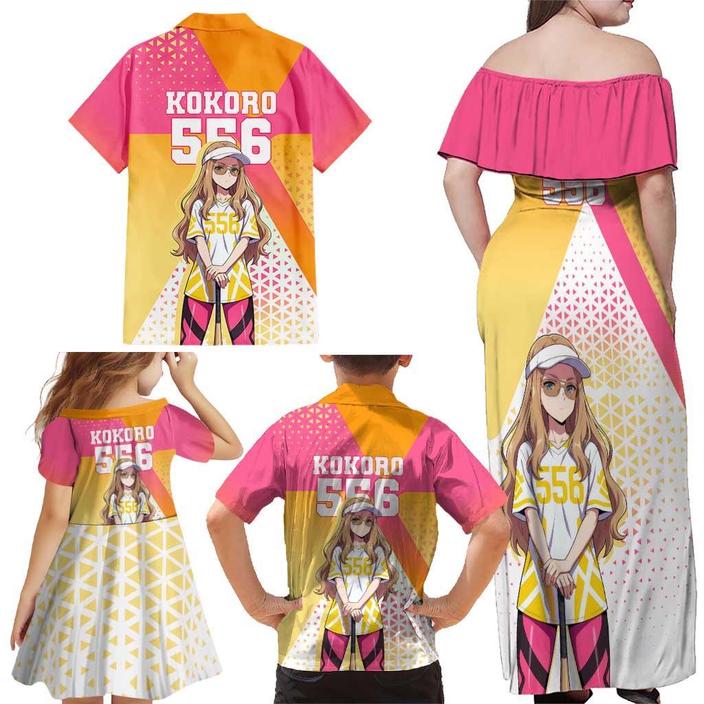 Kokoro Family Matching Off Shoulder Maxi Dress and Hawaiian Shirt Sunset Gradient Baseball Anime Style