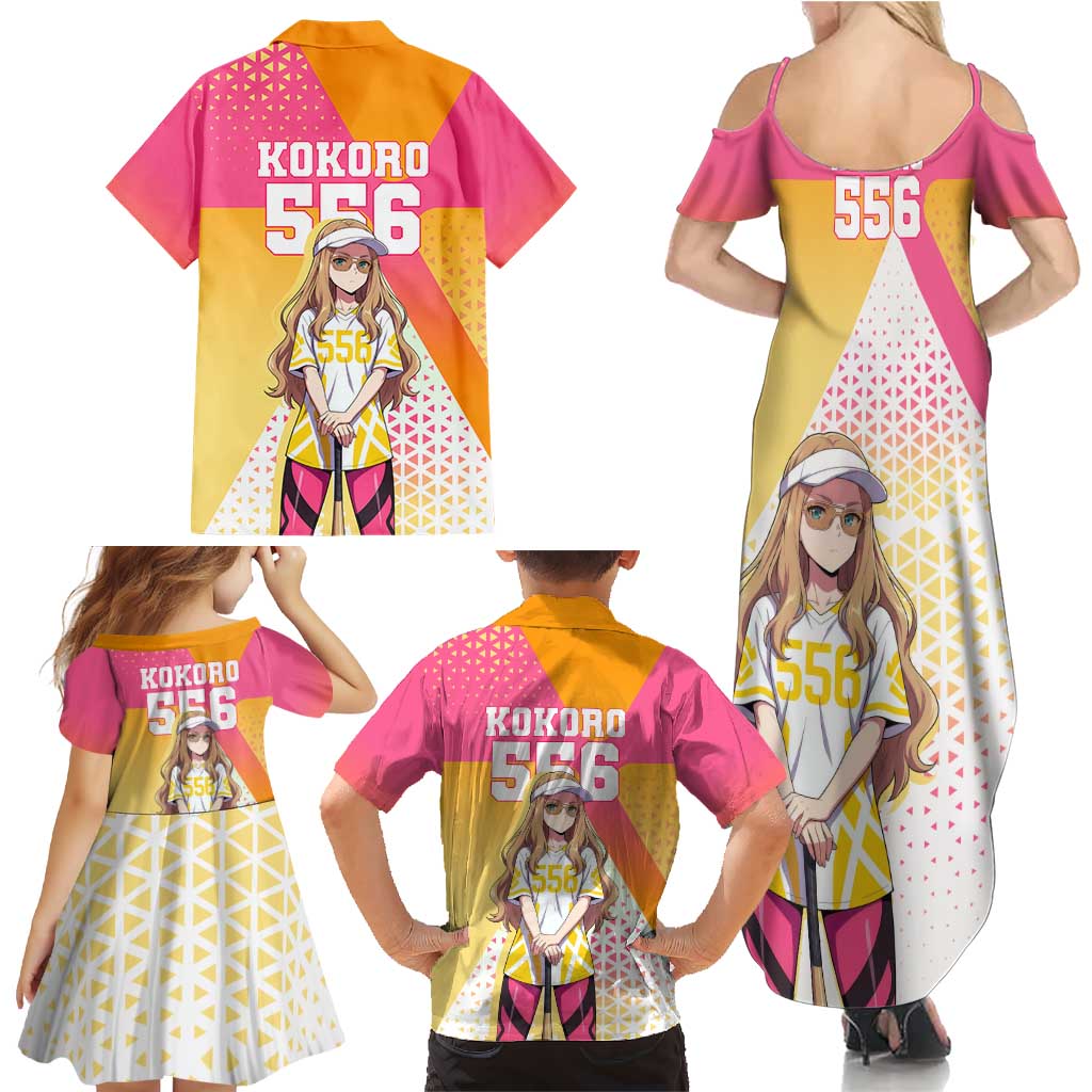 Kokoro Family Matching Summer Maxi Dress and Hawaiian Shirt Sunset Gradient Baseball Anime Style