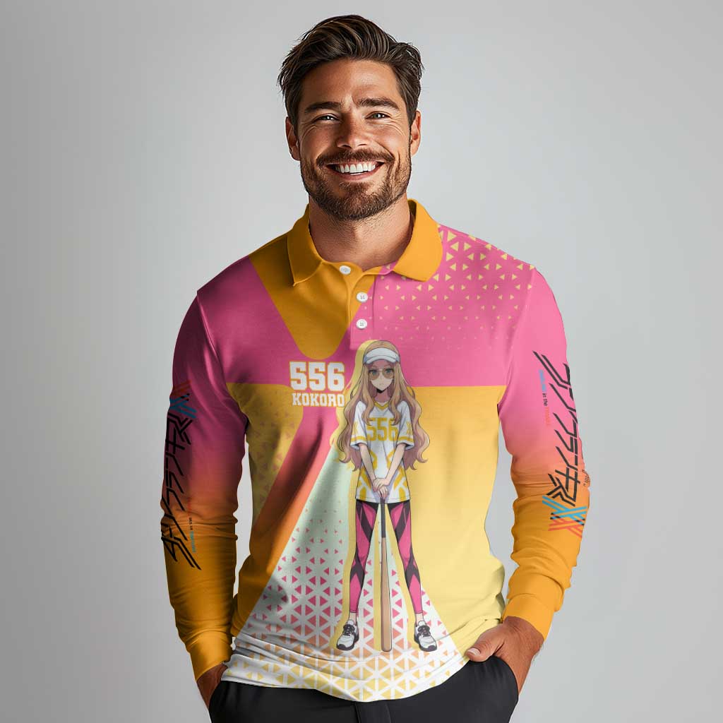 Kokoro Long Sleeve Polo Shirt Sunset Gradient Baseball Anime Style