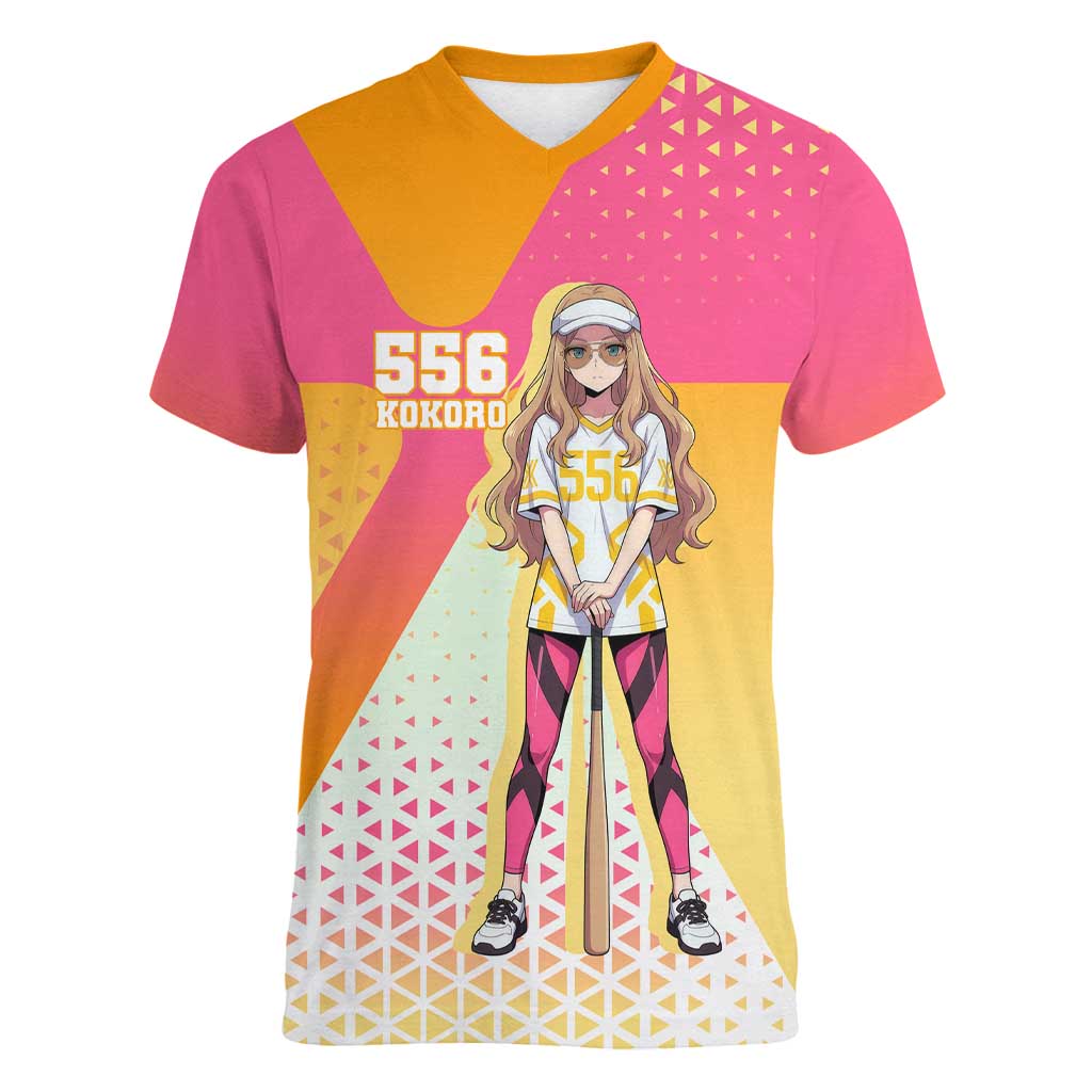 Kokoro Women V-Neck T-Shirt Sunset Gradient Baseball Anime Style