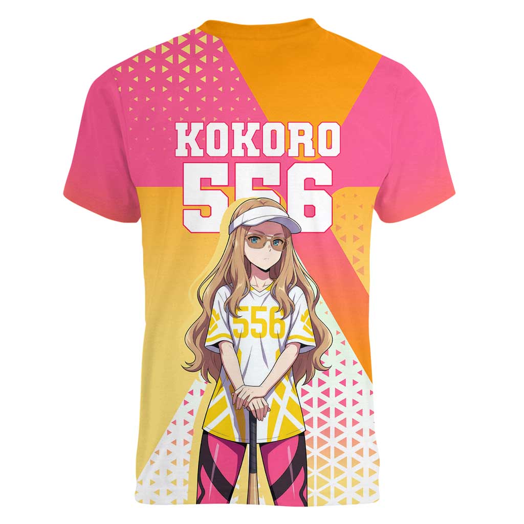 Kokoro Women V-Neck T-Shirt Sunset Gradient Baseball Anime Style