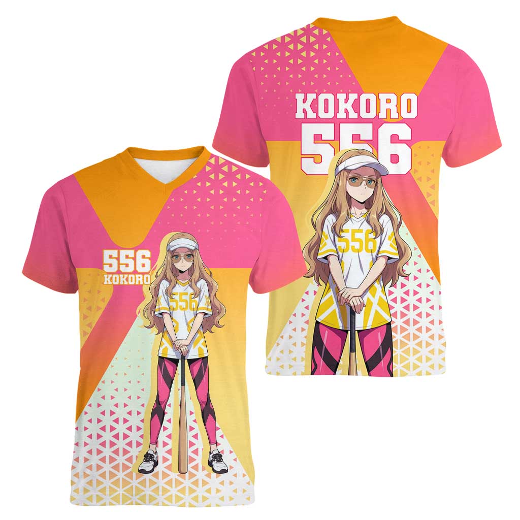 Kokoro Women V-Neck T-Shirt Sunset Gradient Baseball Anime Style