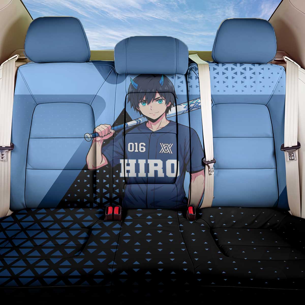 Hiro Back Car Seat Cover Geometric Blue Baseball Anime Style