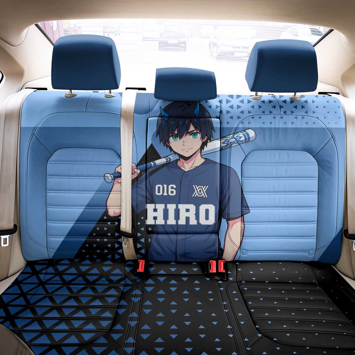 Hiro Back Car Seat Cover Geometric Blue Baseball Anime Style