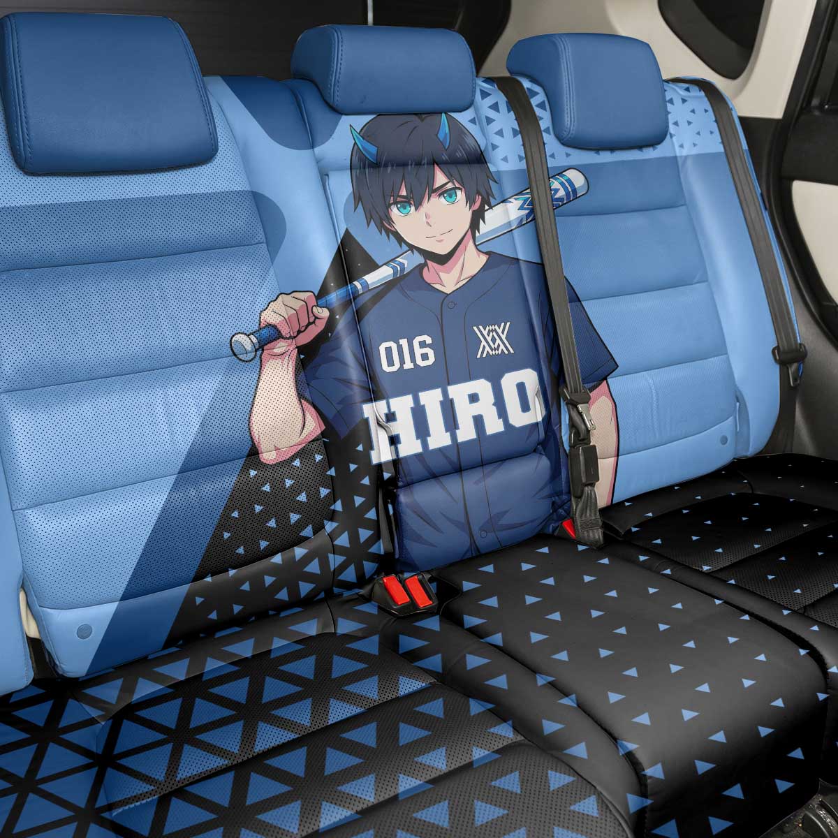 Hiro Back Car Seat Cover Geometric Blue Baseball Anime Style