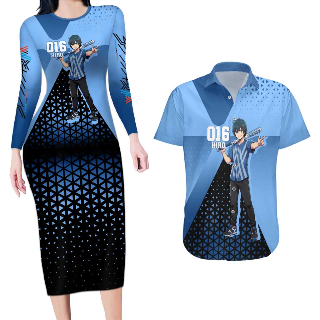 Hiro Couples Matching Long Sleeve Bodycon Dress and Hawaiian Shirt Geometric Blue Baseball Anime Style
