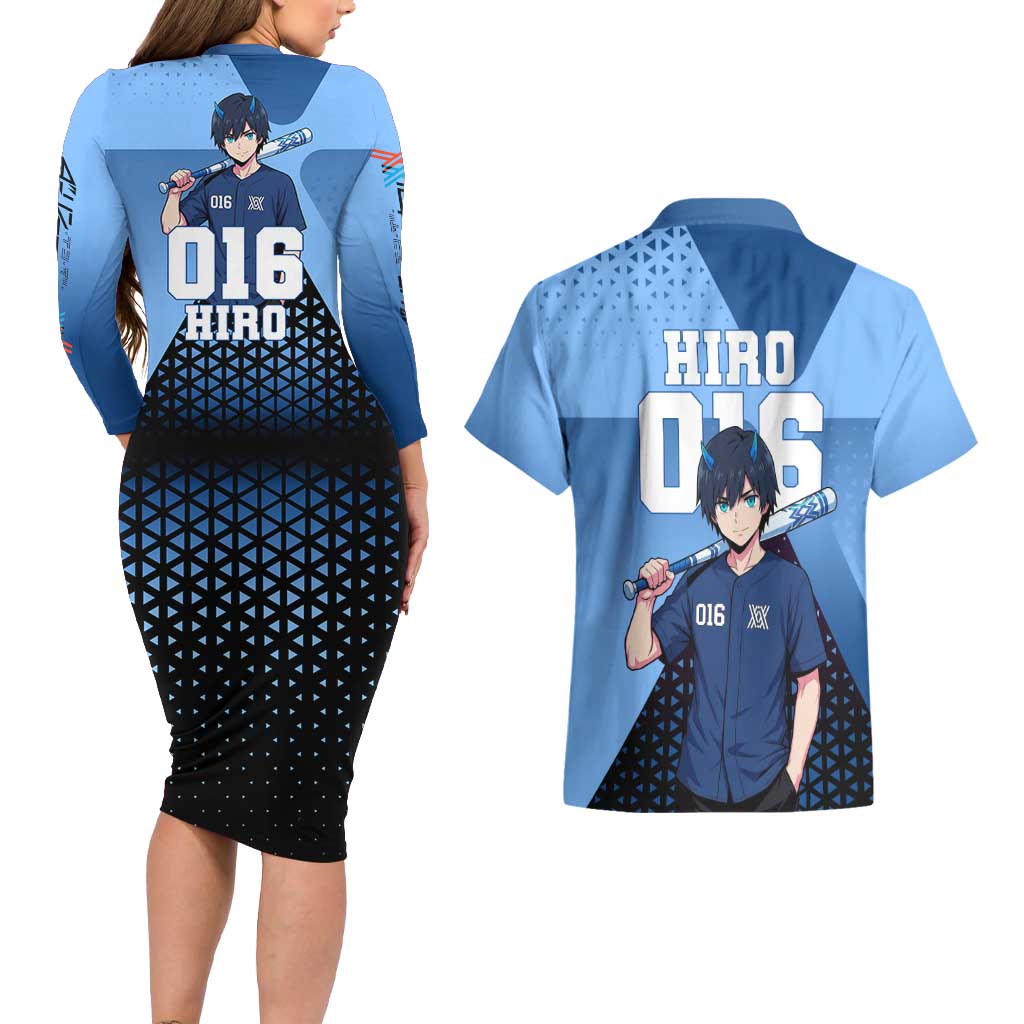 Hiro Couples Matching Long Sleeve Bodycon Dress and Hawaiian Shirt Geometric Blue Baseball Anime Style