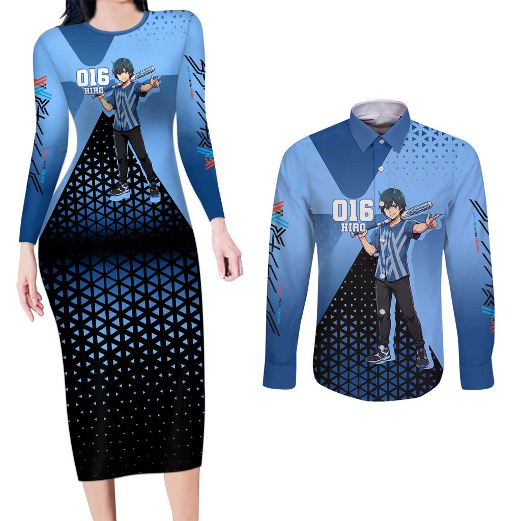 Hiro Couples Matching Long Sleeve Bodycon Dress and Long Sleeve Button Shirt Geometric Blue Baseball Anime Style