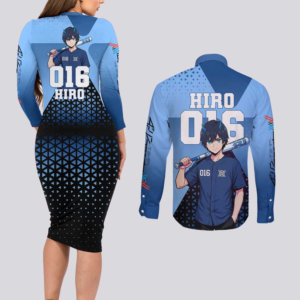 Hiro Couples Matching Long Sleeve Bodycon Dress and Long Sleeve Button Shirt Geometric Blue Baseball Anime Style