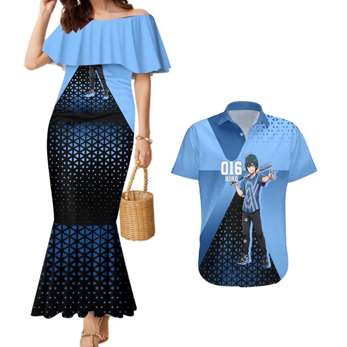 Hiro Couples Matching Mermaid Dress and Hawaiian Shirt Geometric Blue Baseball Anime Style