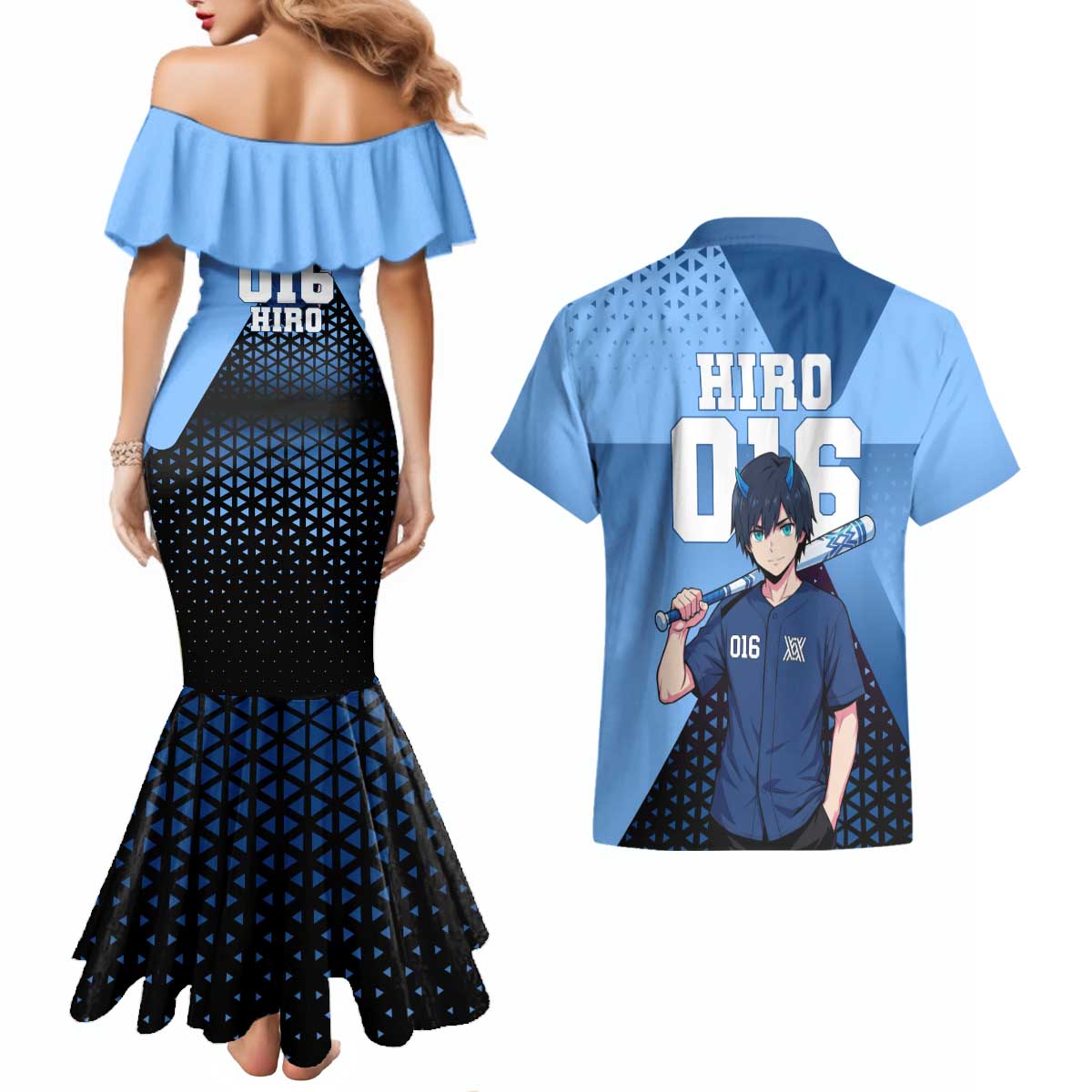 Hiro Couples Matching Mermaid Dress and Hawaiian Shirt Geometric Blue Baseball Anime Style