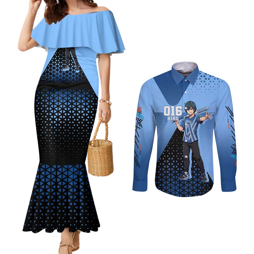 Hiro Couples Matching Mermaid Dress and Long Sleeve Button Shirt Geometric Blue Baseball Anime Style