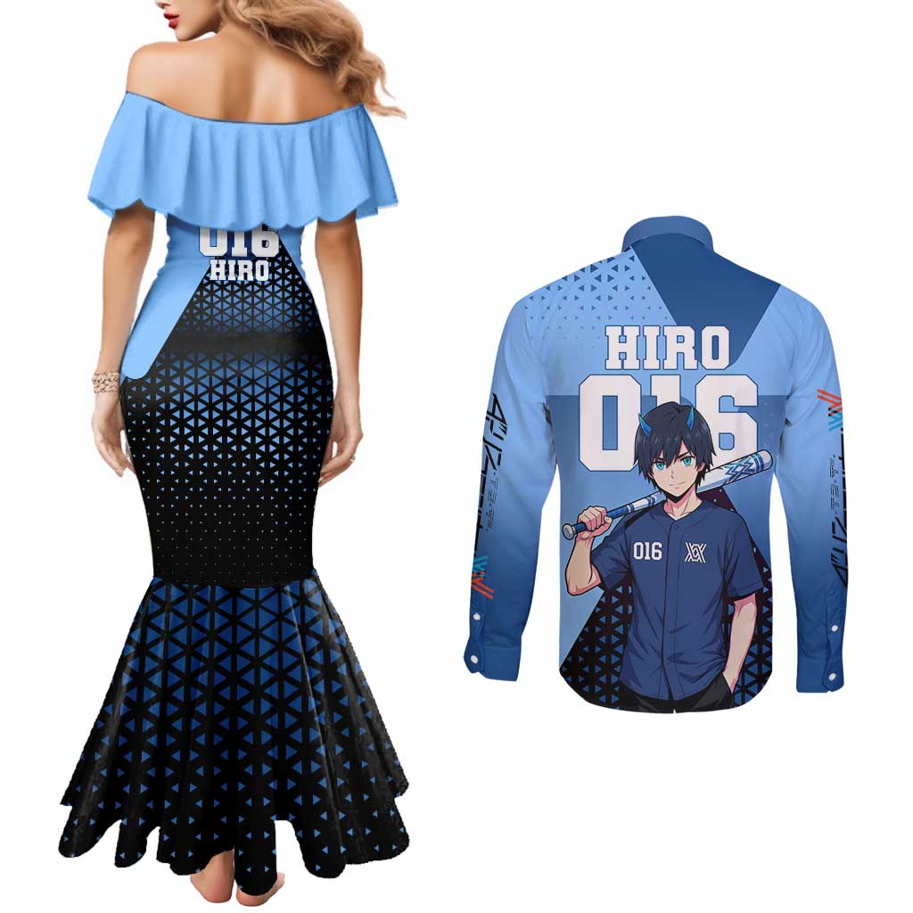 Hiro Couples Matching Mermaid Dress and Long Sleeve Button Shirt Geometric Blue Baseball Anime Style