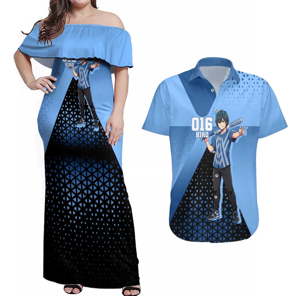 Hiro Couples Matching Off Shoulder Maxi Dress and Hawaiian Shirt Geometric Blue Baseball Anime Style