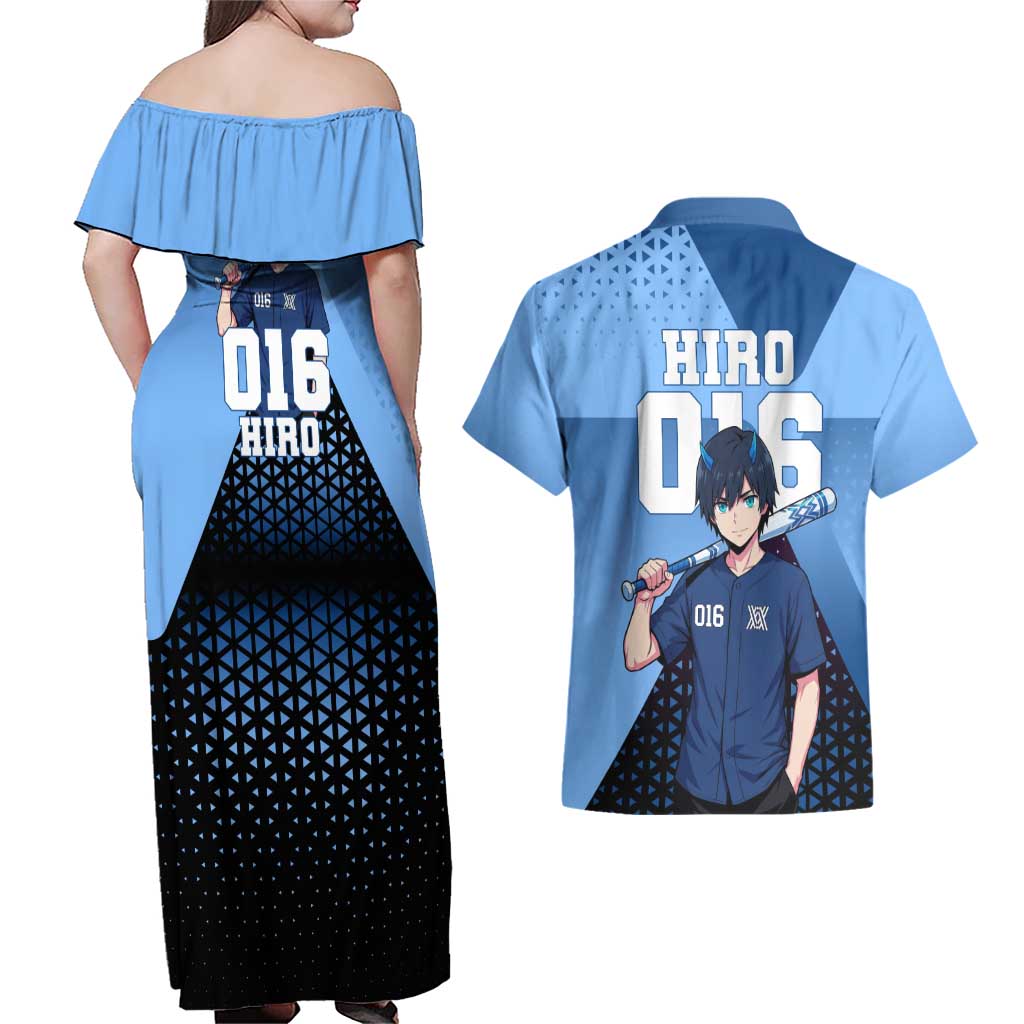 Hiro Couples Matching Off Shoulder Maxi Dress and Hawaiian Shirt Geometric Blue Baseball Anime Style