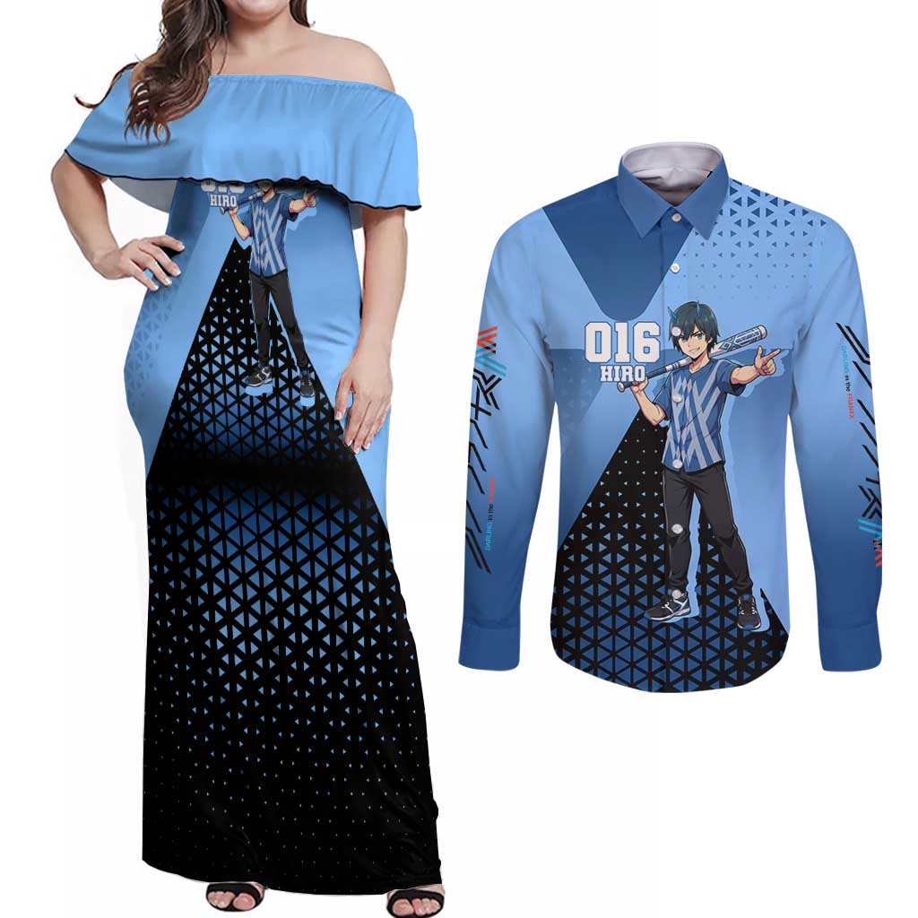 Hiro Couples Matching Off Shoulder Maxi Dress and Long Sleeve Button Shirt Geometric Blue Baseball Anime Style