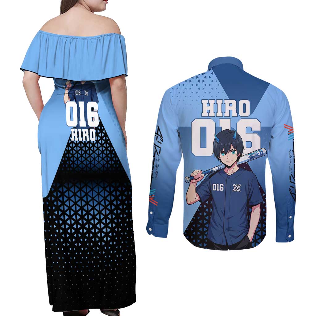 Hiro Couples Matching Off Shoulder Maxi Dress and Long Sleeve Button Shirt Geometric Blue Baseball Anime Style