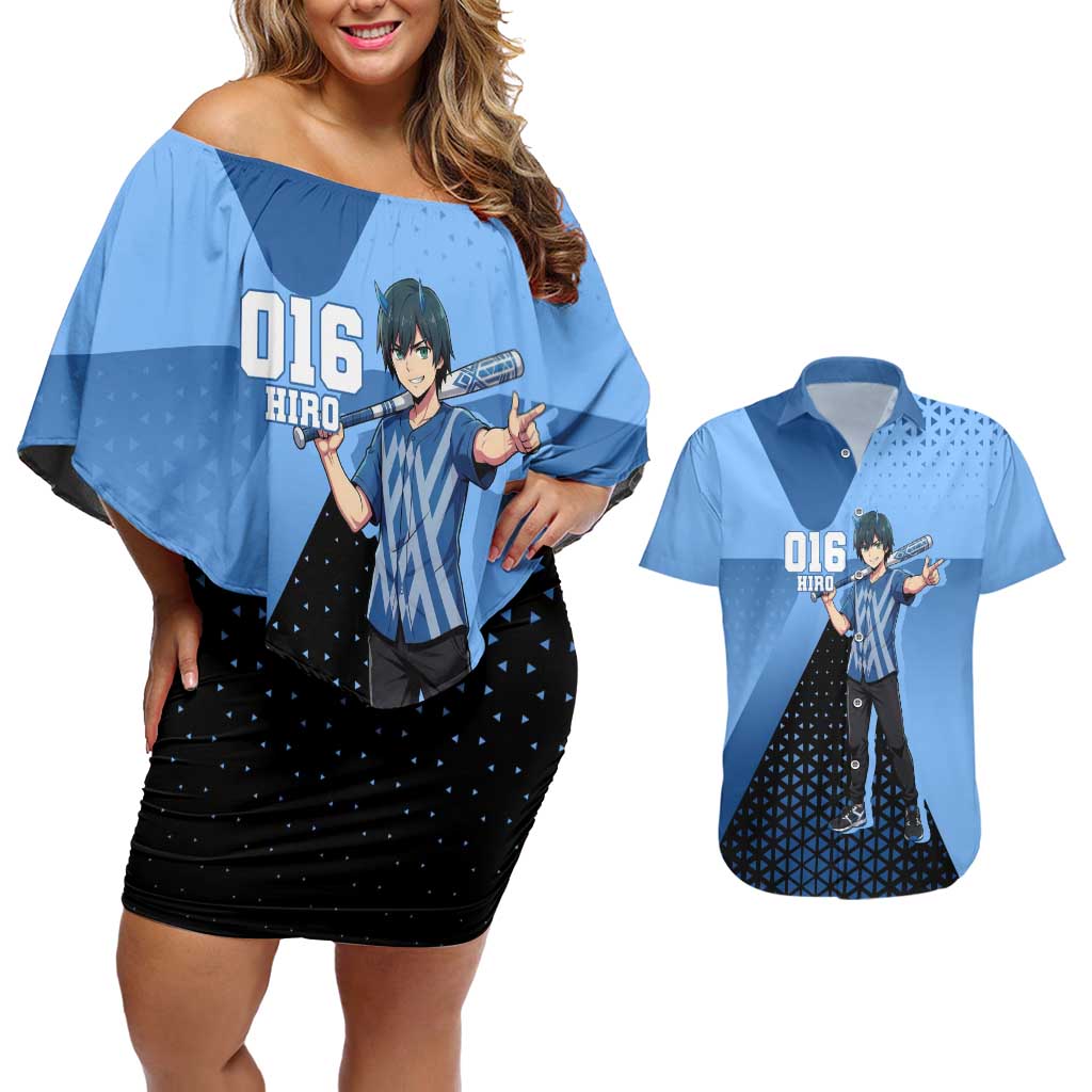 Hiro Couples Matching Off Shoulder Short Dress and Hawaiian Shirt Geometric Blue Baseball Anime Style