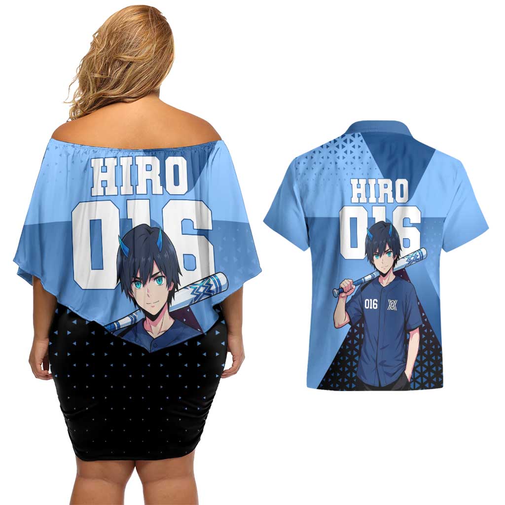 Hiro Couples Matching Off Shoulder Short Dress and Hawaiian Shirt Geometric Blue Baseball Anime Style