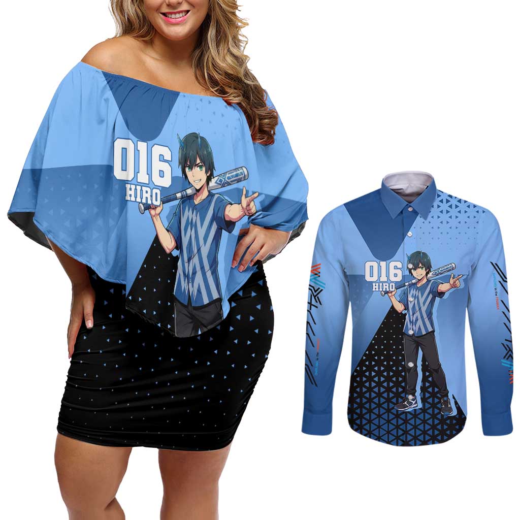 Hiro Couples Matching Off Shoulder Short Dress and Long Sleeve Button Shirt Geometric Blue Baseball Anime Style