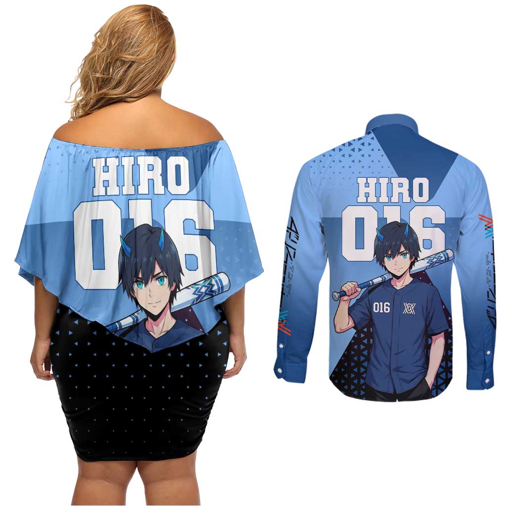 Hiro Couples Matching Off Shoulder Short Dress and Long Sleeve Button Shirt Geometric Blue Baseball Anime Style