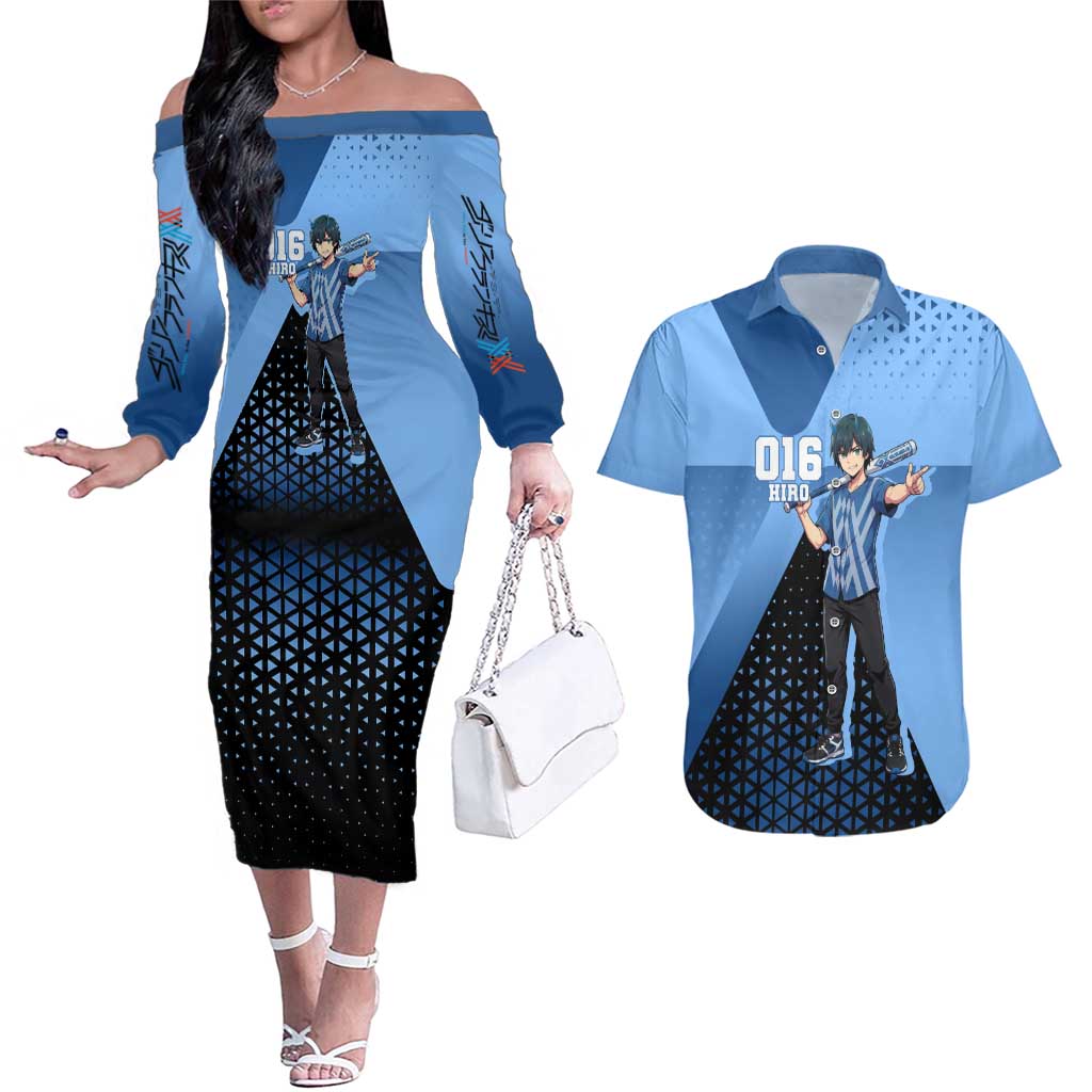 Hiro Couples Matching Off The Shoulder Long Sleeve Dress and Hawaiian Shirt Geometric Blue Baseball Anime Style
